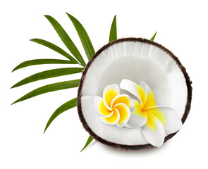 Coconut half with plumeria flowers and green leaf isolated on white © New Africa