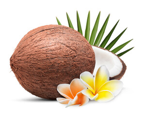 Coconuts, plumeria flowers and green leaf isolated on white © New Africa