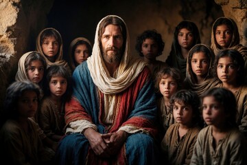 Obraz premium Jesus sits with group of children. Young boys and girls gather around him. He looks thoughtful, attentive to them. They look at him with curious, innocent eyes.