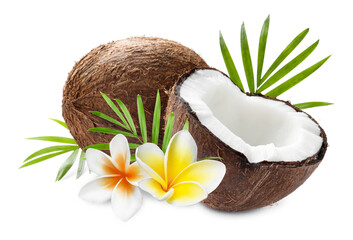 Fresh coconuts, plumeria flowers and green palm leaves isolated on white © New Africa
