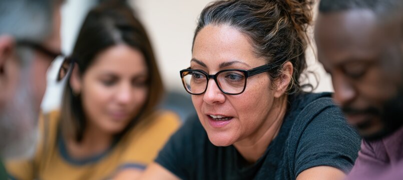 Educator facilitating discussion with adult learners in collaborative workplace setting