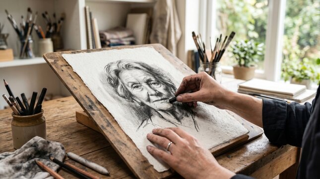 A female artist, focused and engaged, draws a detailed charcoal portrait of an elderly woman in a bright, cozy studio.