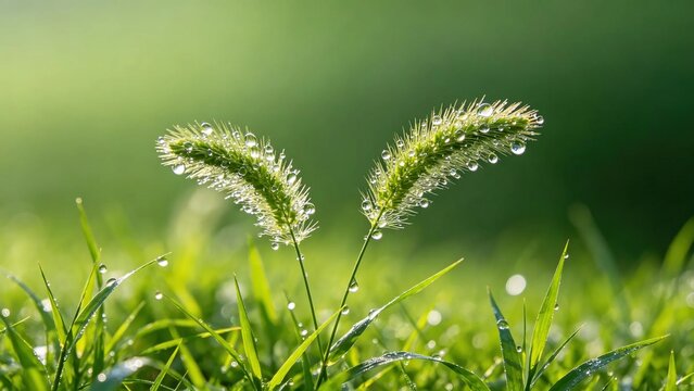 Two green foxtail grass stems covered with fresh transparent morning dew drops against soft blurred green background beautiful fresh nature closeup