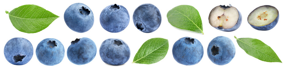 Blueberries and green leaves isolated on white, set. Fresh berry © New Africa
