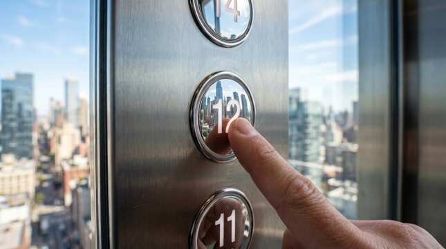 A close-up of a hand pressing the elevator button for the 12th floor, framed by a stunning view of the city skyline.