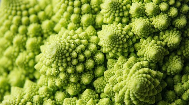 Vibrant romanesco broccoli showcases intricate geometric fractal patterns in this extreme macro close up view highlighting natural bright green textures