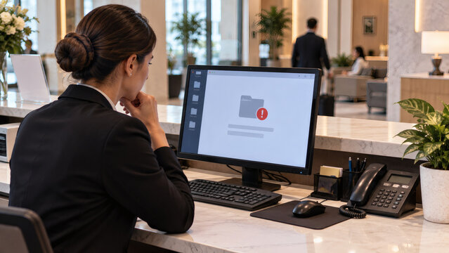 Businesswoman or remote support agent troubleshooting system error and folder warning alert on computer monitor at front office desk