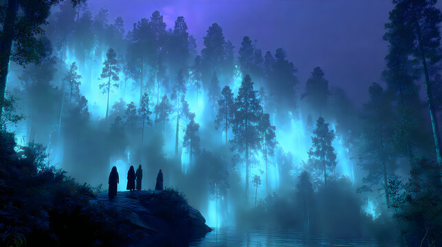 Mystical moonlit forest valley glowing clouds fantasy landscape dreamlike digital artwork Images
