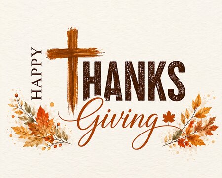 Happy Thanksgiving religious greeting card design with watercolor autumn leaves and cross