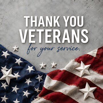 Thank You Veterans for your service text with American flag and stars on concrete background