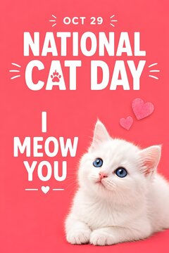 National Cat Day greeting card with a cute white kitten on a pink background.
