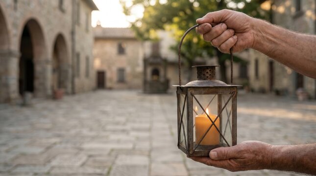 A man&rsquo;s hands holding a vintage lantern with a candle inside, set against a sunlit courtyard in a rustic stone village.