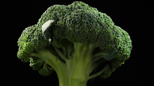 Whole broccoli head rotating on a black background. Studio light.