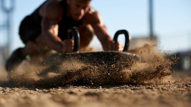 Athlete pushing weighted training sled on outdoor track with flying dust