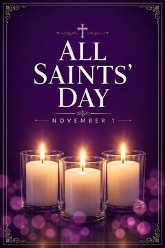 All Saints Day greeting card with burning candles on a purple background