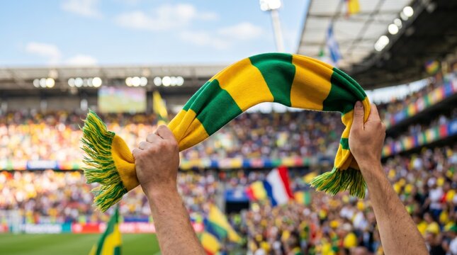 A passionate fan holding a yellow and green scarf in celebration at a lively sports event.