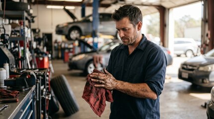 Obraz premium A focused Caucasian male mechanic in a workshop, cleaning his hands after working on a vehicle, surrounded by tools and cars.