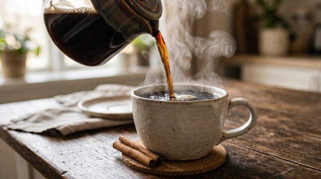 A cozy moment capturing freshly brewed coffee pouring into a rustic cup, surrounded by cinnamon sticks and a warm kitchen atmosphere.