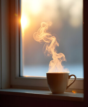 Coffee Cup Steaming on Window Sill at Sunrise