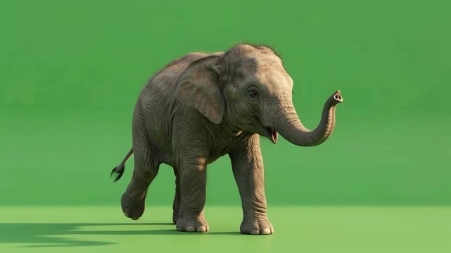 Asian elephant walking on green background with detailed skin texture