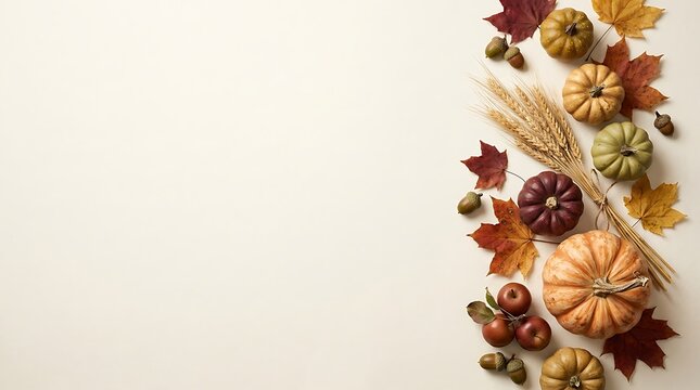 Autumn gourds and colorful fall leaves arranged on a neutral background with copy space