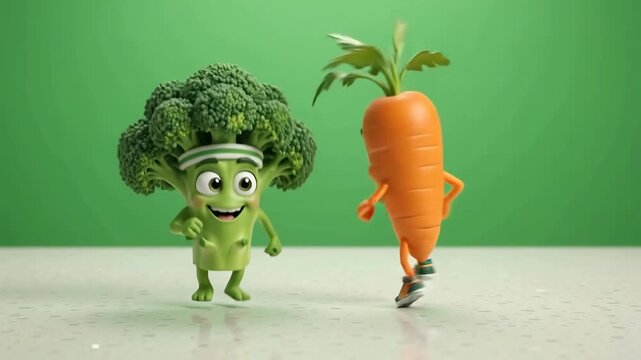 Animated broccoli and carrot characters dancing energetically together