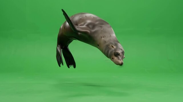 Playful 3D animated sea lion sliding and moving on a green screen background