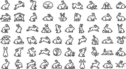 Fototapeta premium Cute Rabbit and Bunny Poses Line Icon Set Featuring Hopping, Sitting, Sleeping, Eating Carrots, and Easter Bunny Vector Symbols