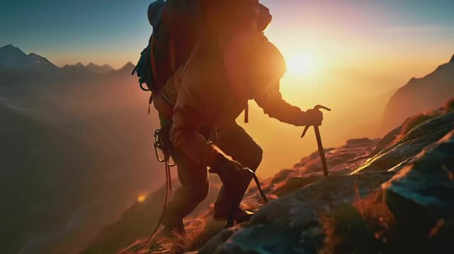 A vivid portrayal of a mountaineer traversing a rocky terrain during sunset. The sun casts a warm, golden hue over the scene, illuminating the rocky terrain and the surrounding mountains. The.