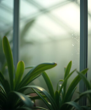 Green Greenhouse Plants Behind Foggy Window