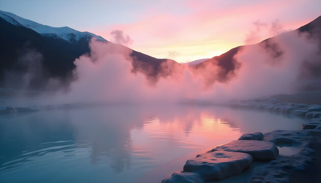 Thermal Hot Spring Sunset Landscape