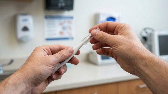 Hands preparing digital thermometer with protective cover in medical setting, highlighting health and hygiene