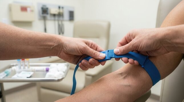 Medical professional applying tourniquet to patient's arm for blood draw in clinic examination room