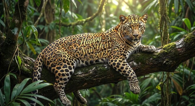 Leopard with Happy New Year 2027 text on fur resting on a mossy tree branch in a lush jungle with golden sunlight