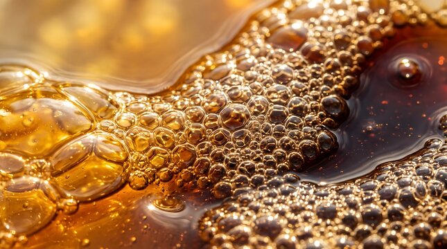 Extreme macro close-up of golden brown liquid foam with glistening bubbles, sparkling light reflections, and a smooth dark liquid surface.