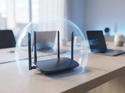 A modern black wireless router sits on a wooden desk, surrounded by a glowing blue digital dome representing secure high-speed internet connectivity