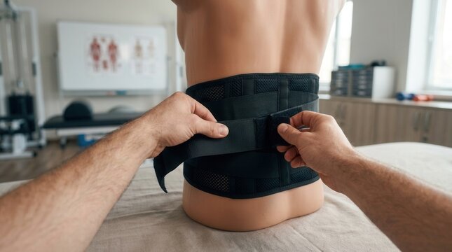 Hands adjusting a black lumbar support belt on a mannequin torso in a physical therapy clinic or doctor's office setting.