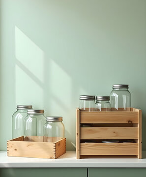 Empty Glass Jars in Wooden Crates on Pastel Green Shelf