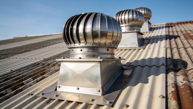 Close-up aerial view of a stainless steel ventilation roof mounted on a corrugated metal sheet roof of an industrial building, modern architectural detail.