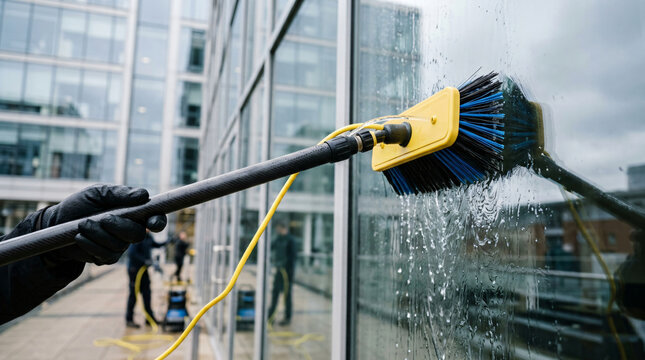Professional window cleaning service for commercial buildings | Water-fed pole system cleaning glass facade | Industrial window cleaner using telescopic brush | Exterior building maintenance