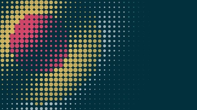 Abstract halftone motion background, with pulsing pink, and gold circles, on dark teal, gradient