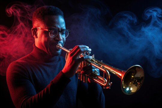 Man plays brass trumpet in smoky dark studio. Red and blue lights create cinematic mood. Musician performs jazz solo with instrument, intense focus on music.