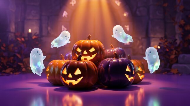 A festive Halloween scene featuring glowing orange and purple jack-o'-lanterns and cute floating translucent ghosts in a dark stone dungeon with mystical runic light