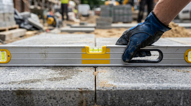 Professional landscaping and patio construction | Worker using spirit level to align paving stones | Gloved hand leveling outdoor stone tiles | Hardscape installation and garden renovation