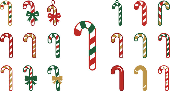 Collection of colorful candy canes with festive decorations for christmas and winter holidays