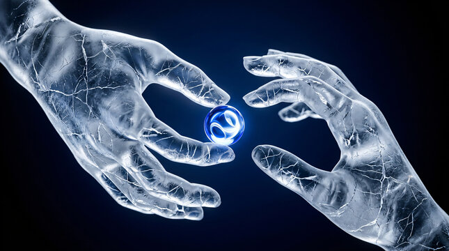 futuristic icy hands reaching for glowing energy sphere | abstract digital art of translucent glass hands and blue light | concept of artificial intelligence connection and energy transfer