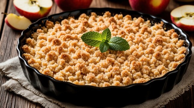 Warm apple crumble pie sits in black dish. Golden crumb topping with mint leaf garnish. Fresh red apples in background on wooden table. Comforting dessert baked homemade.