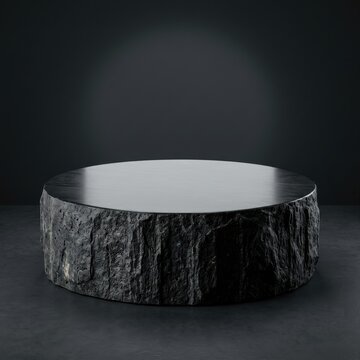 Dark cylindrical stone pedestal with rough texture and glossy top for product display on a gray background