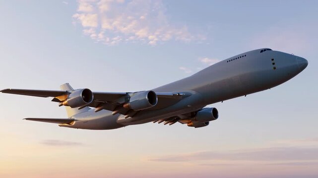 Large four-engine jet aircraft climbs through pastel evening sky, moving toward upper right as warm sunset light reflects along silver fuselage, swept wings, and engine nacelles