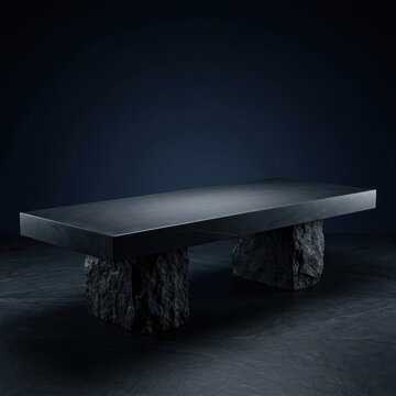 Dark stone table with rough hewn legs against a deep blue gradient background for product display